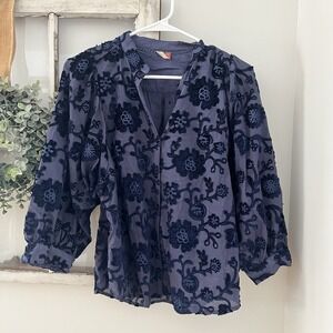 Anthropologie Pilcro Blue Floral Appliqued Velvet Blouse Top Womens Size XS
